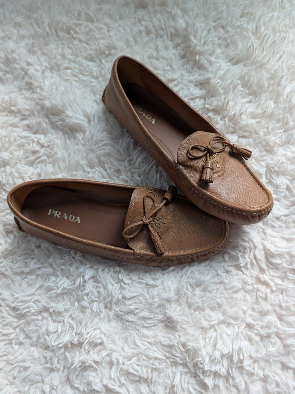 Prada Saffiano Leather Bow Driving Loafers Tan Size 10.5